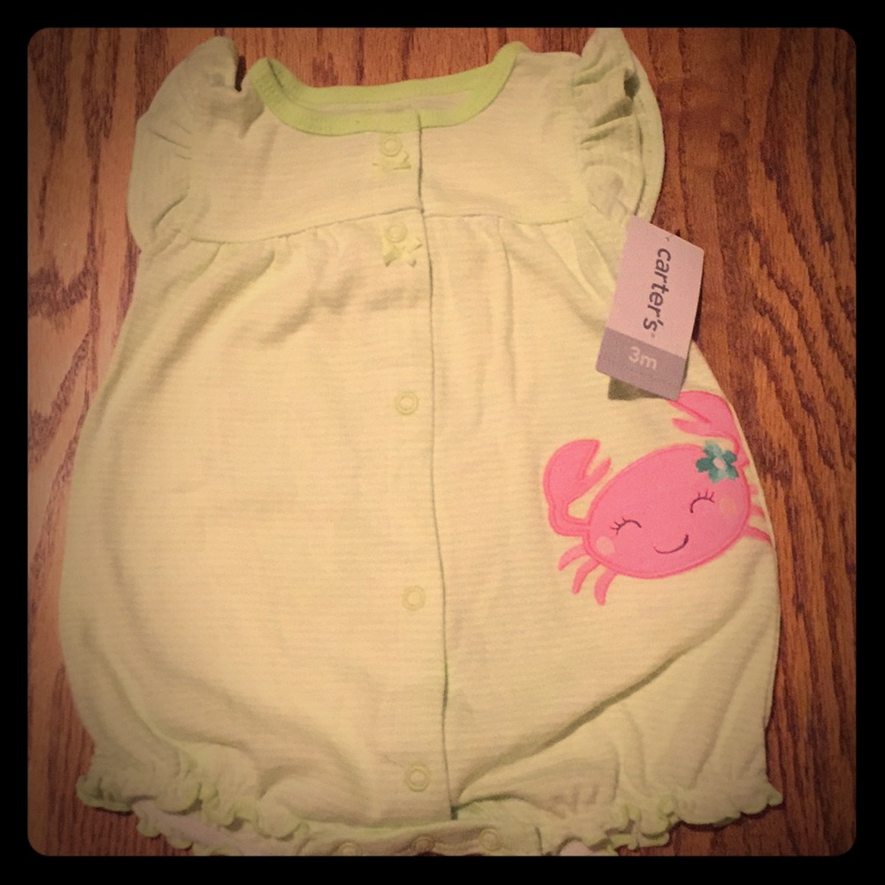 Carter's green striped romper with crab 3 months